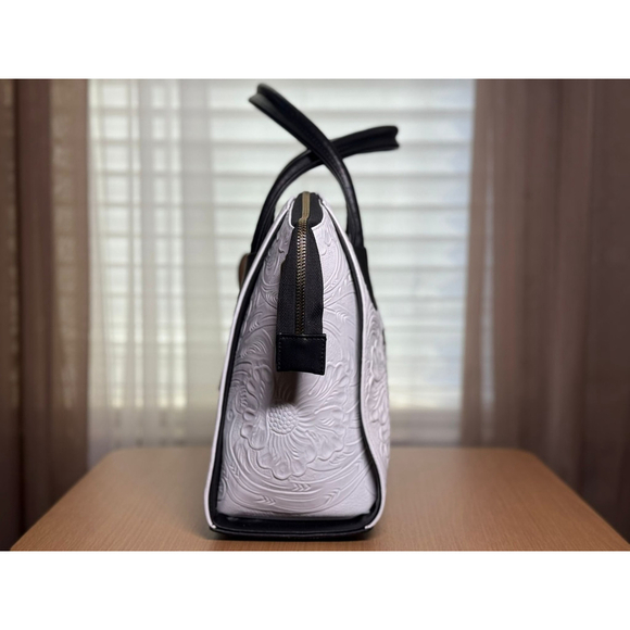 Black and White Embossed Tooled Artisan LEATHER Bag Purse Bolsa Artesanal Mexico - Picture 10 of 14